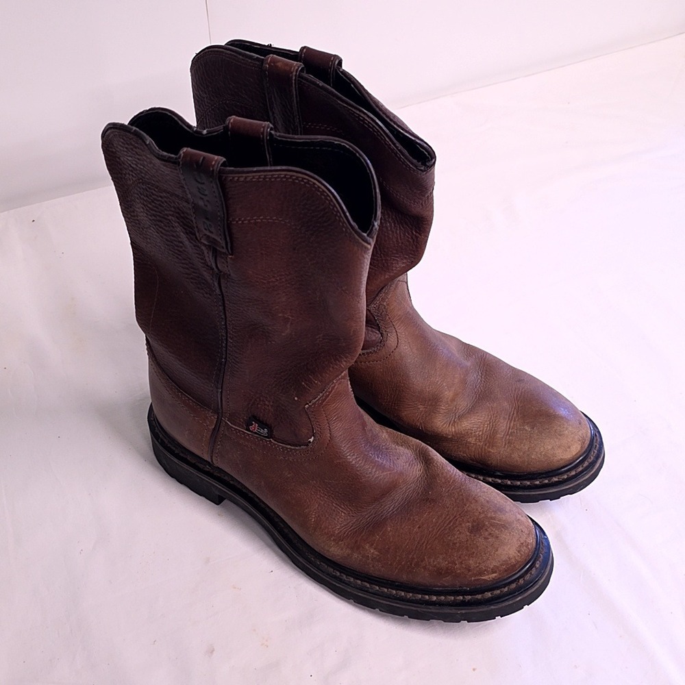 Justin Work Boots Men 11D Brown Leather Wellington Pull On WK4920 Rugged Outsole